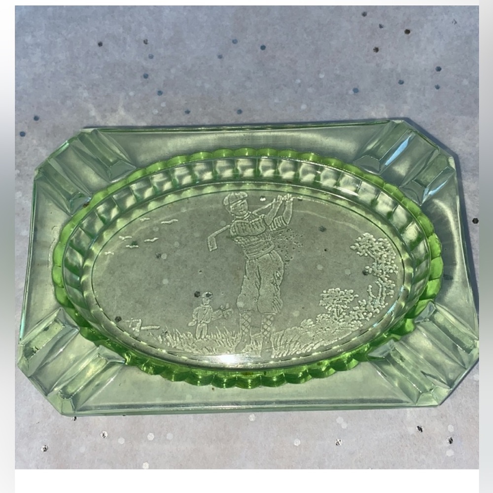 1930s Vintage Vaseline uranium green glass glows golf etched Art Deco ashtray